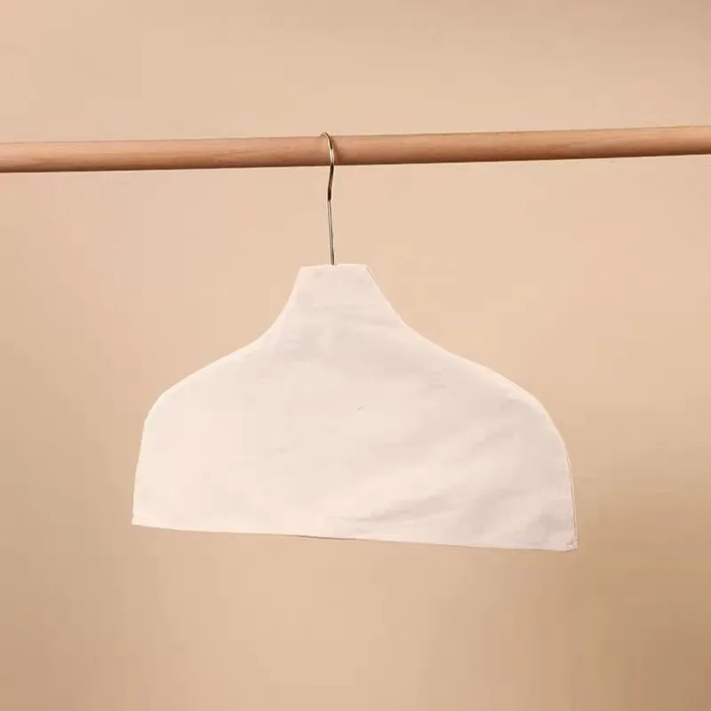 Beige Cotton Linen Wooden Hanger Cover Korean Traceless Anti-slip Hanger Cloth Protector For Cashmere Sweater Boutique 5PCS
