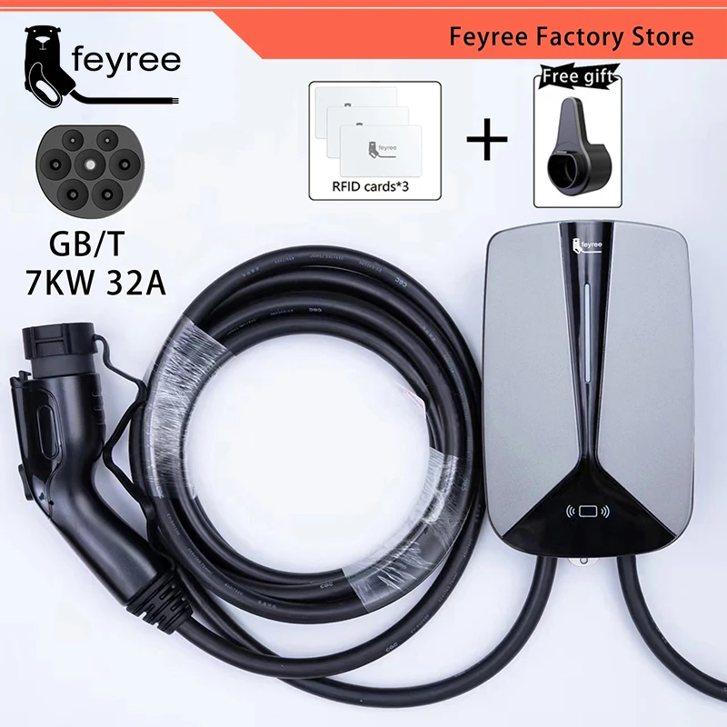 feyree EV Charger GB/T Plug Socket 32A 7.6KW 1Phase EVSE Wallbox Plug and Charge Model 5m Cable for Electric Vehicle Car Charger