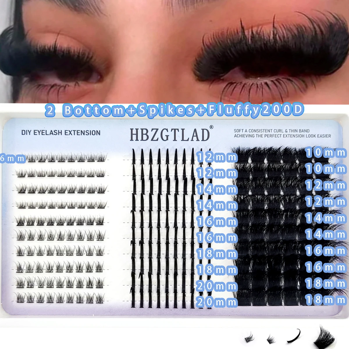 HBZGTLAD FluffyLash Cluster Lash 60D-300D Bottom+Thorn Cluster Fairy Manga Lash Cluster Extended Lash Cluster mit Spike-Wimpern