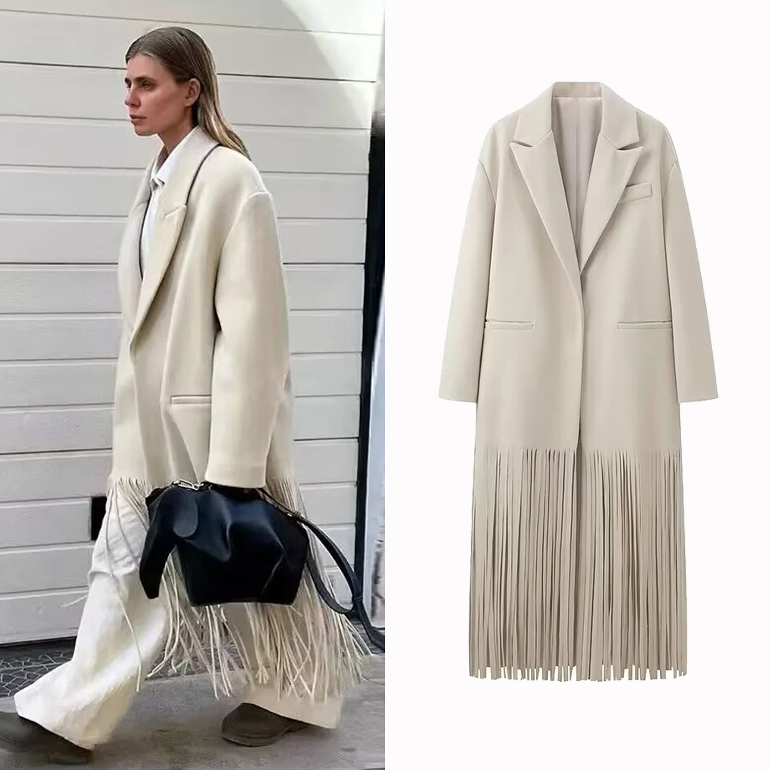 

Women's Streetwear Fashion Casual Tassel Woolen Long Coat Elegant Chic Versatile Outerwear Autumn Winter Ladies Blazers Jacket