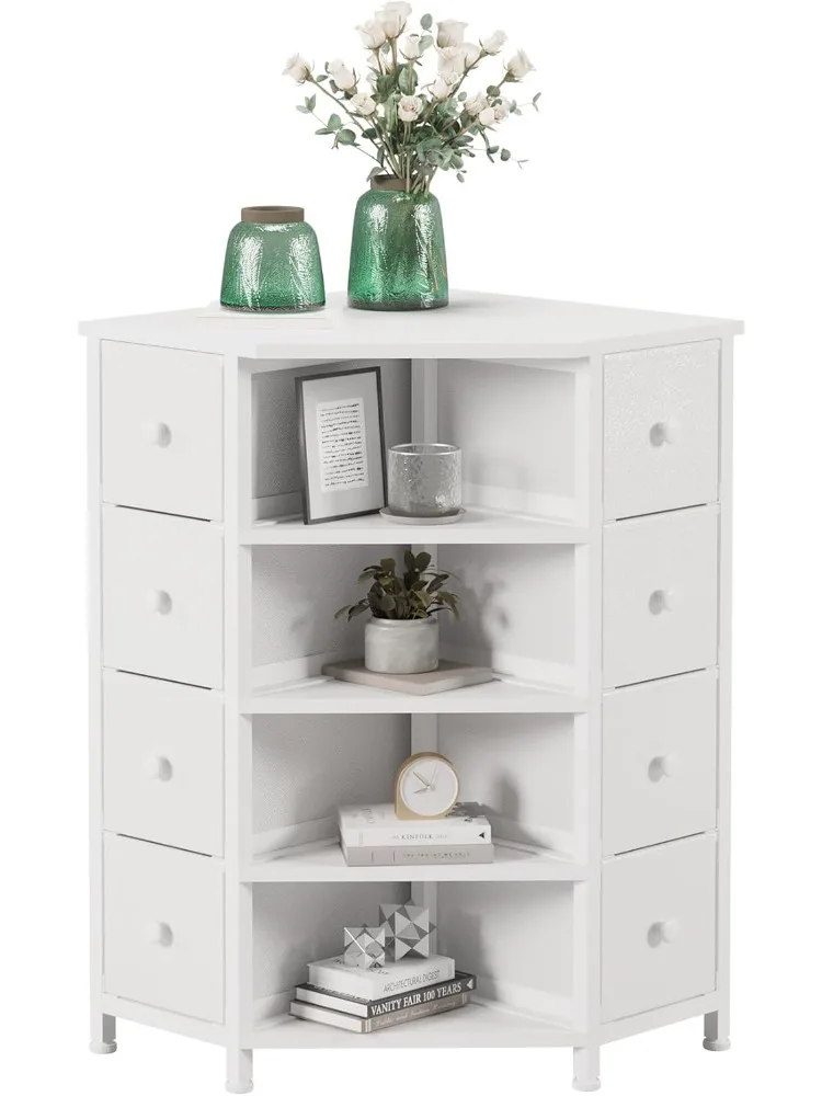 8 Drawers Corner Dresser with Storage Fabric Drawers and Open Shelves for Small Space，Bedroom，Entryway，Living Room(White)