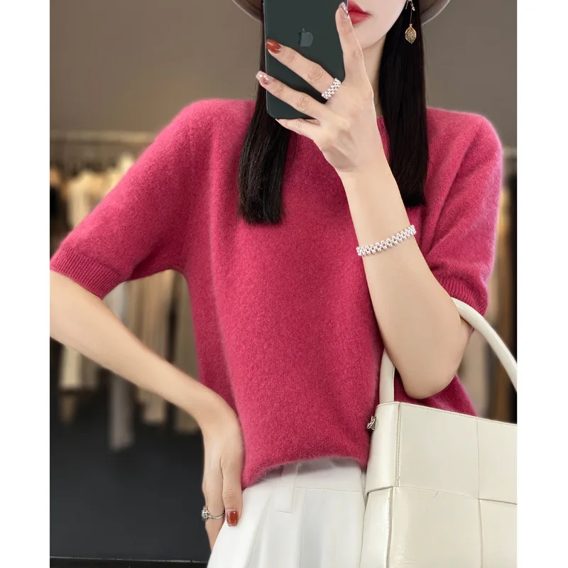 Front Line Ready-Made Garments% Wool 2024 Autumn New Women's round Neck Half Sleeves Pullover Short Sweater Sweater