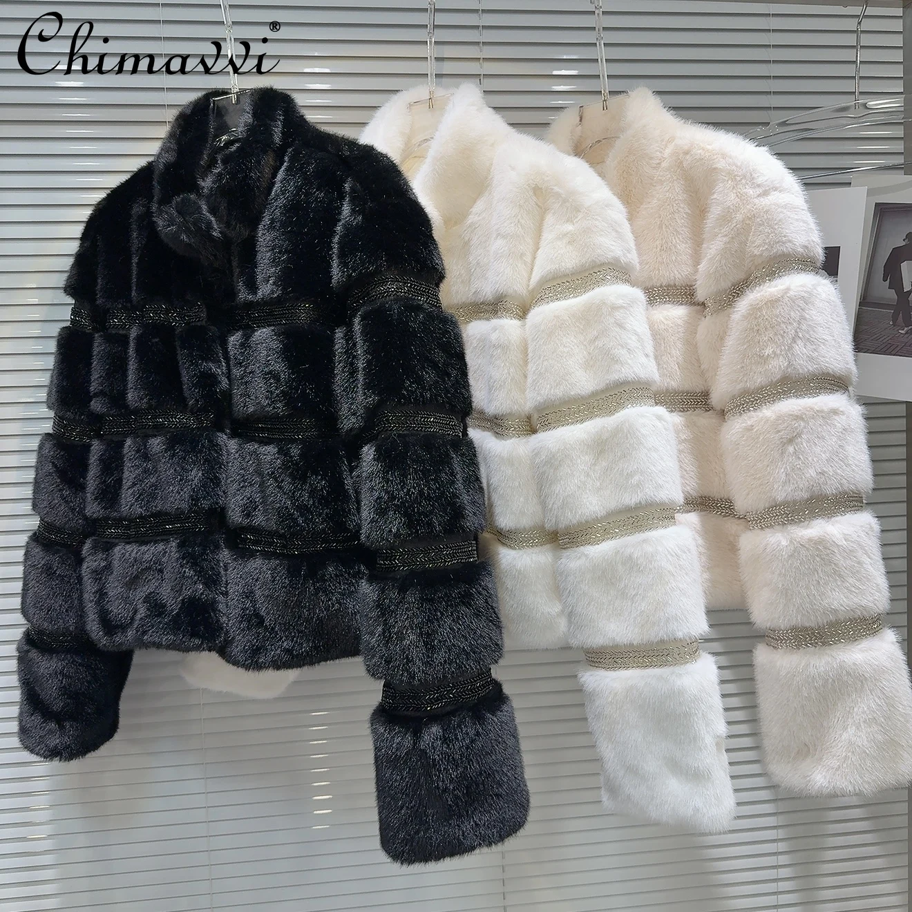 

Korean Elegant Socialite Diamond Splicing Stand Collar Straight Loose Versatile Faux Fur Jacket Cotton Padded Coats Women Winter