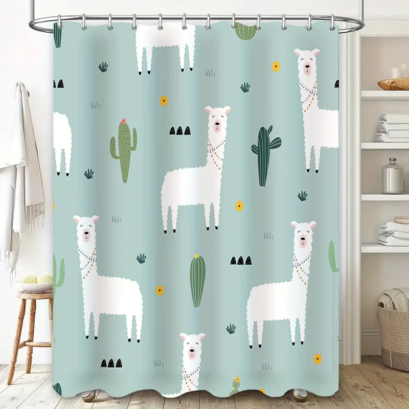 Blue Green Llama Cactus Shower Curtain for Bathroom Decor Waterproof Fabric Print Home Accessories 180x240cm（71X95)：A cute showe