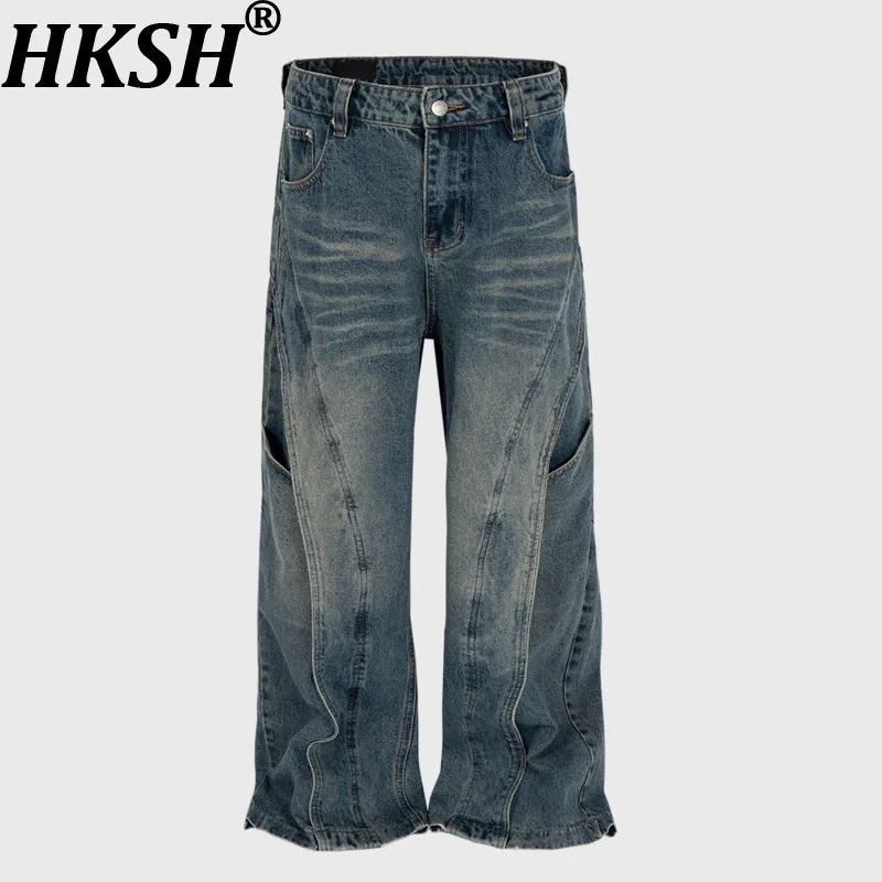 

HKSH Spring Summer New Man Deconstructed Patchwork Retro Denim Pants Washed Distressed Chic Straight Streetwear Jeans Ins HK7532