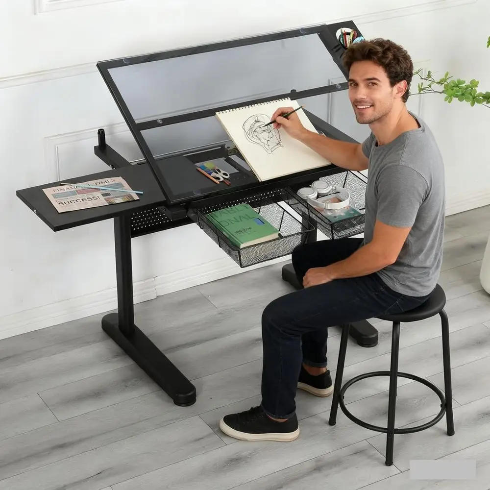 

Adjustable Height Art Desk with Stool, 0-75° Tilt Glass Tabletop for Drawing, Painting, and Sketching, Black