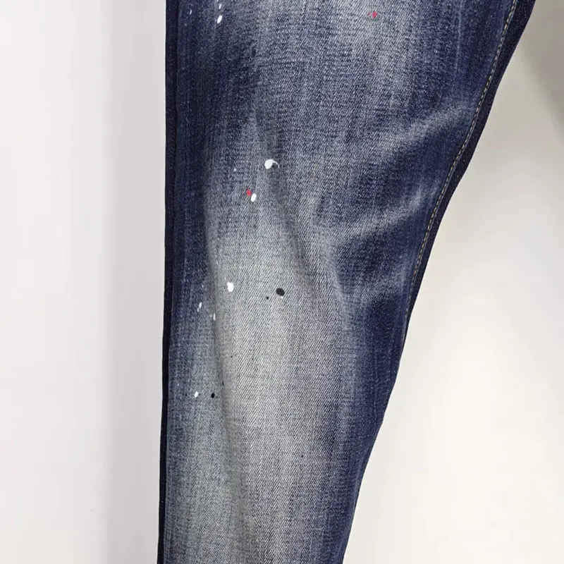 Designer Fashion New Men's Jeans Scratched PaintedY2K Washed Nostalgic Stretch Slim Fit Retro Blue Jeans Hig
