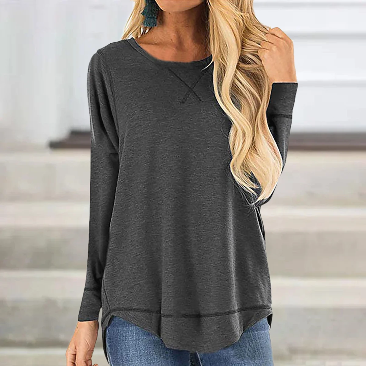 New Spring Autumn Women\'s Solid Color Casual Fashion Long Sleeve Round Neck Loose T-Shirt Pullover Tops