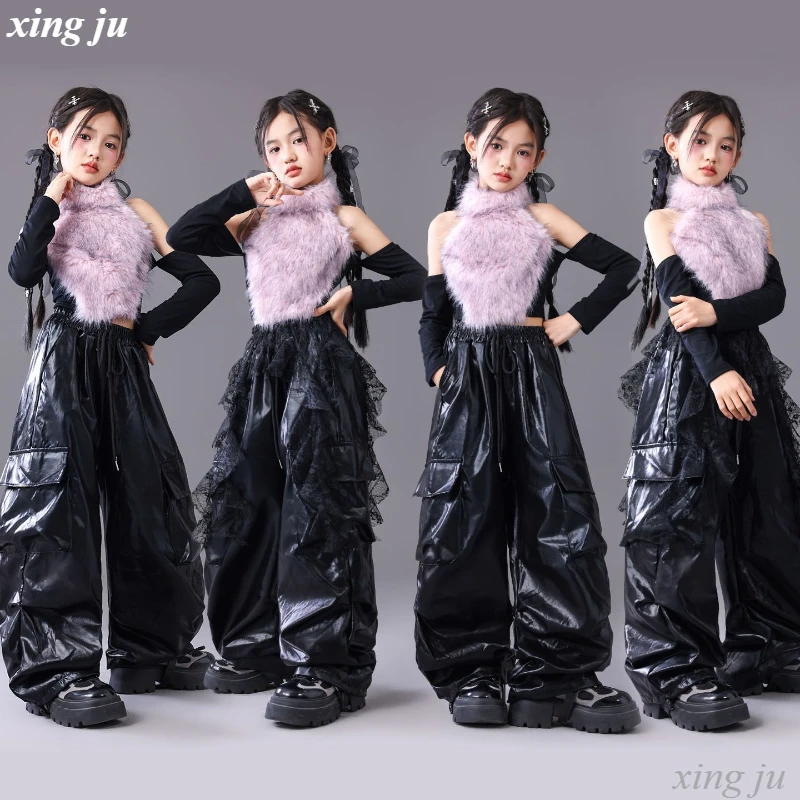 

Новая детская одежда в стиле K-pop: меховые топы, кожаные брюки, костюмы для девочек в стиле хип-хоп, одежда для джазовых танцев, сценические наряды для детей.