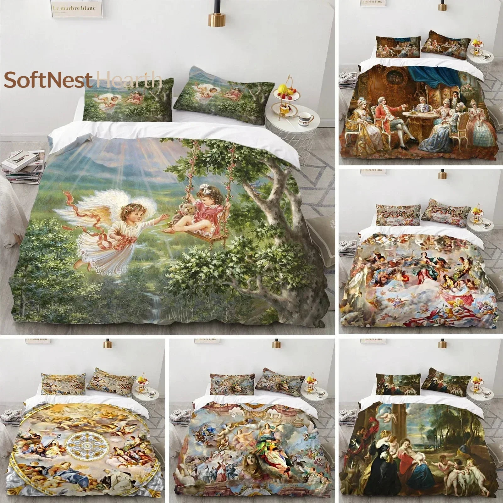 2026 Angel Oil Painting Bedding Set Ancient Art Duvet Cover Cartoon Warm Bed Quilt Cover Kids Bedroom Bed Cover Set Green