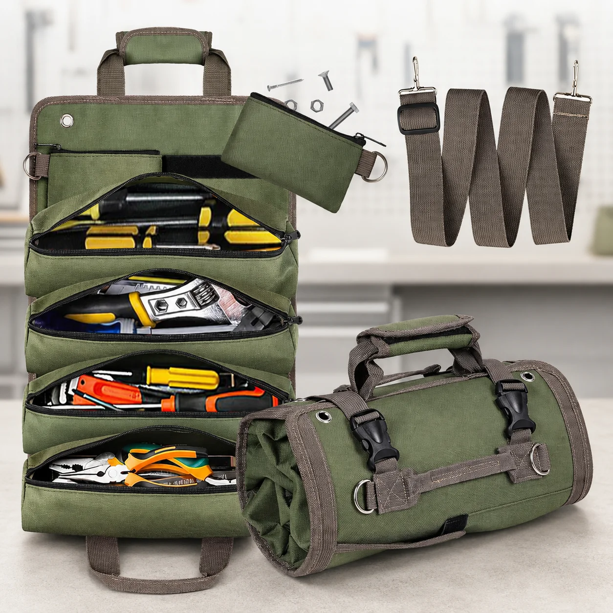 Roll Up Tool Bag with Zippered Compartments, Portable Tool Organizer with Shoulder Strap for Garage Car Repair and DIY, Bag Only