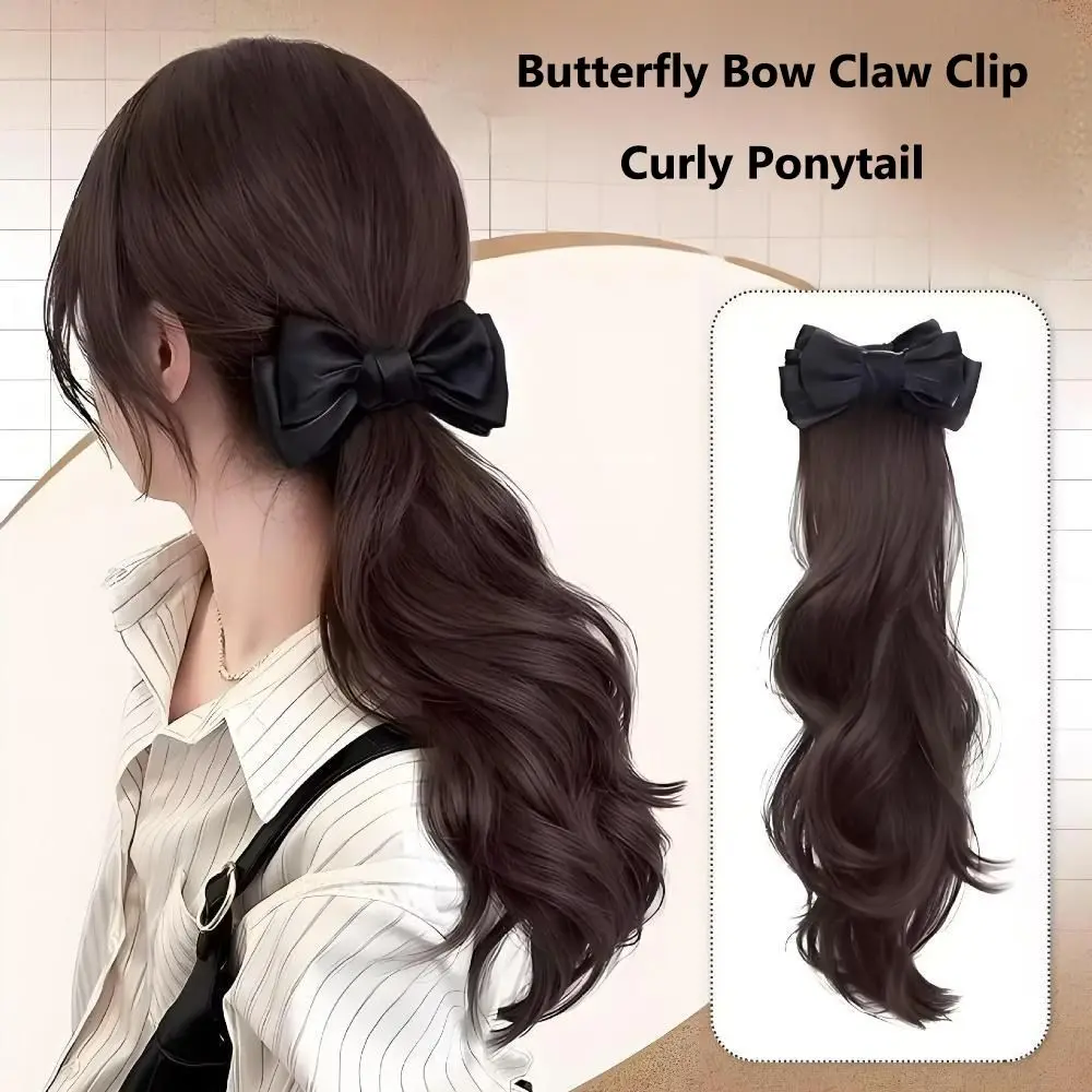 

Moonlight Yarn Bow Ponytail Wig Claw Clip Elegant Hair Extension Hair Claw Clip Low Ponytail Long Wavy Wig