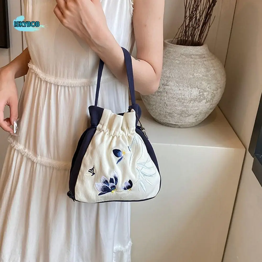 

Ethnic Style Embroidery Drawstring Bucket Bag Ancient Style Hanfu Accessories Chinese Style Handbag Flower Storage Bag
