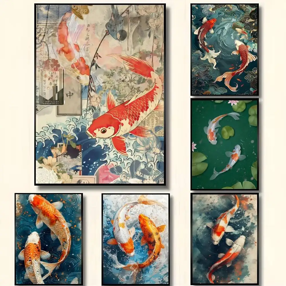 Koi Carp Brings Good Luck Posters High Quality Self-adhesive Wall Art Decorations Color Prints Sticky