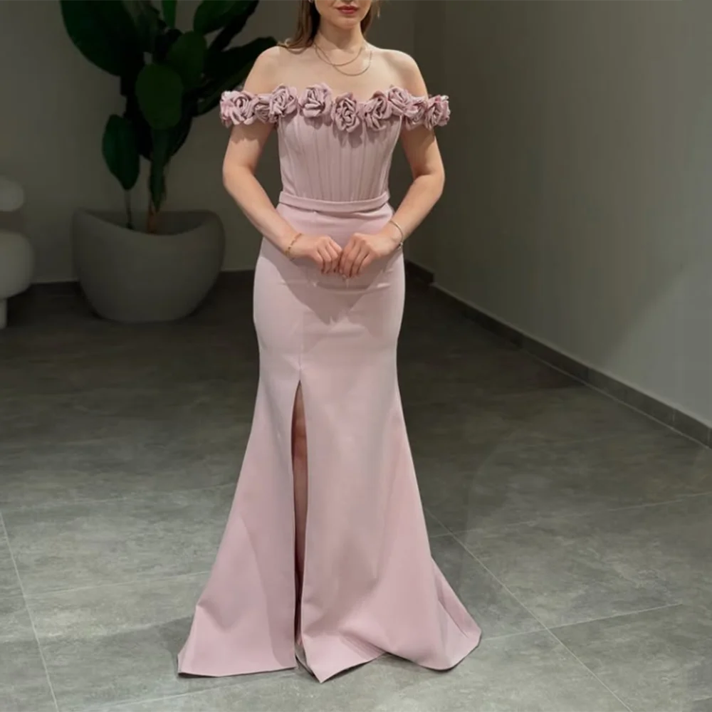 

Customized Flowers Boat Neck Evening Dresses Off The Shoulder Side High Slit mermaid Prom Gown Simple Backless Long Party Dress