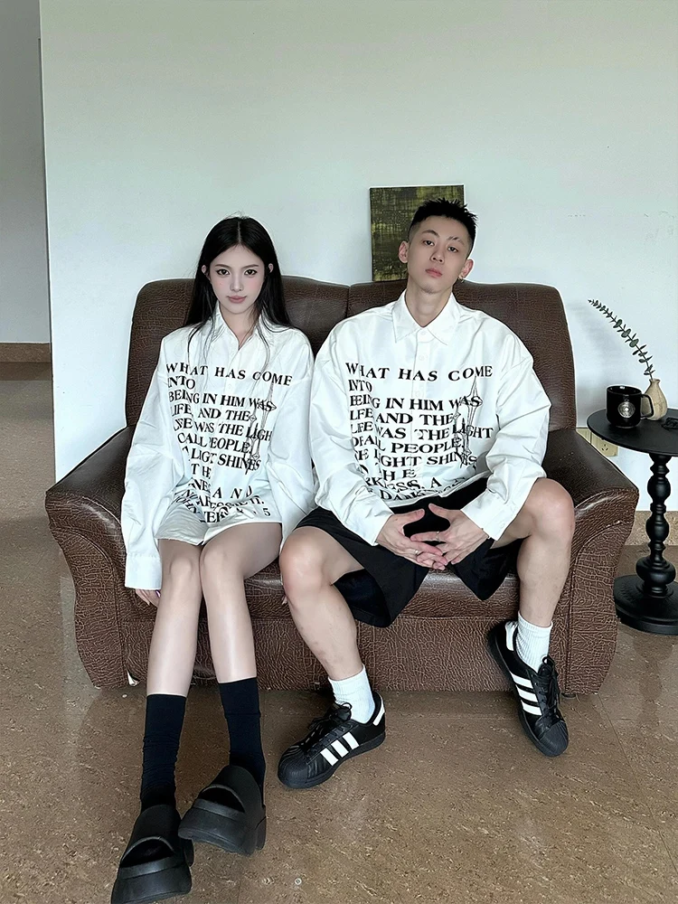

White Printed Long Sve Loose Men's irt Couple's Faion Casual Sle Cotton Polyester Blend Autumn Wear Turn down Collar