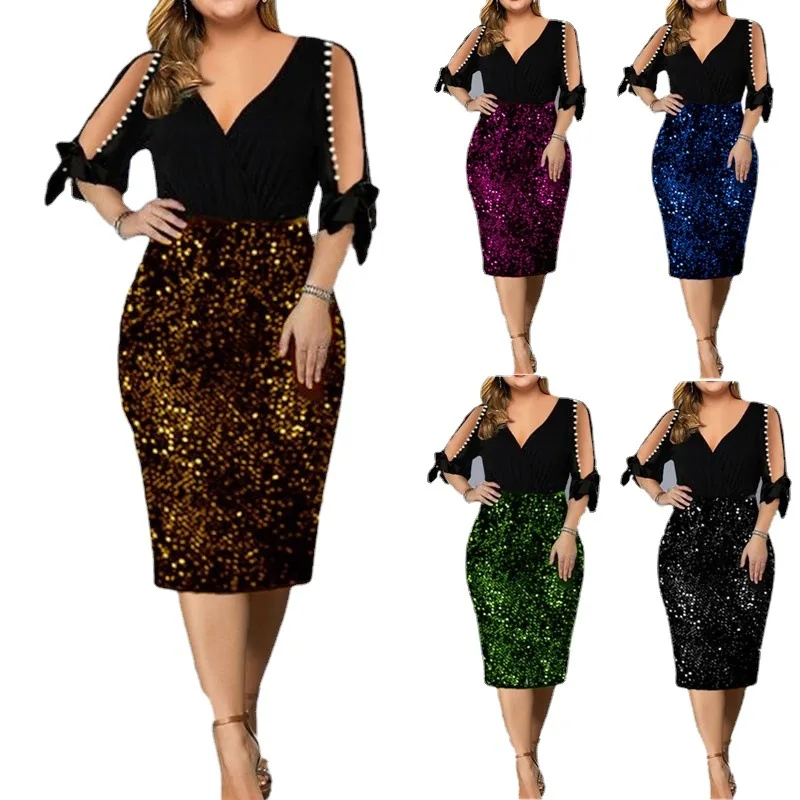 

Women's New V-neck Lantern Half-sleeve Sexy Solid Color Pencil Skirt Personalized Sequin Design Plus Size Women's Dress