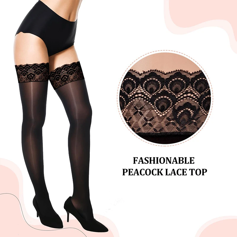 1 Pair Women's Shiny Silky Stockings Horse Oil High Tights With Silicone Lace Top Summer Sexy Elastic High Socks image 4