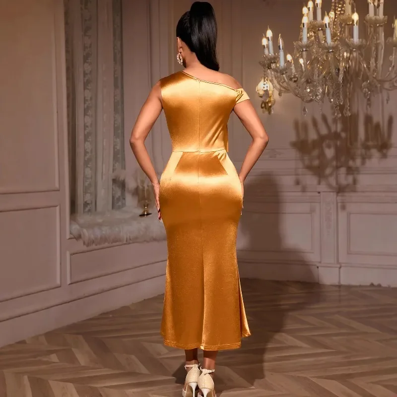 2026 New Elegant Off-the-Shoulder Satin Dress Single-Shoulder Three-Dimensional Flower Slimming Body-Hugging Party Dinner Gown