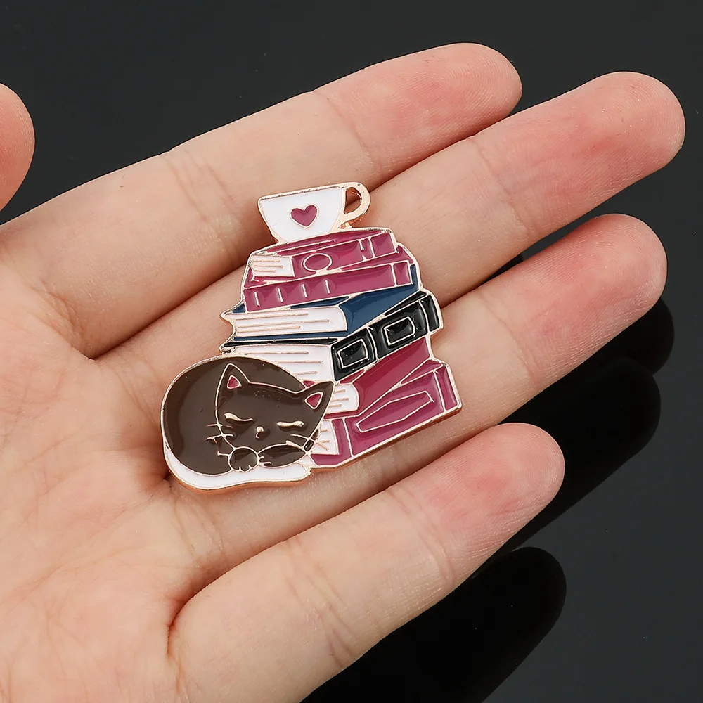 Cute sleeping Cat And Books Coffee Enamel Brooch Pins Trendy Alloy Badge Lapel Pin Jewelry Scarf Hat Clothes Accessories Gift