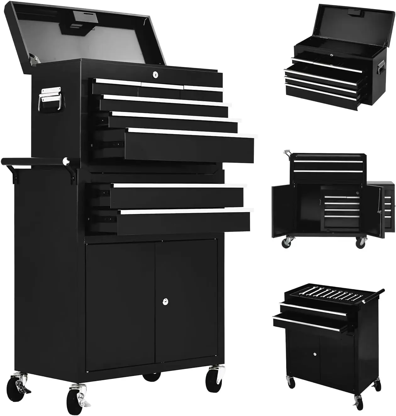 Tacleekii 24inch 8 Drawers Rolling Tool Chest, Rolling Tool Cabinet with Detachable Top Toolbox & Lockable Wheels & Drawers, Metal Tool Cart Storage Cabinet for Garage, Warehouse, Workshop, Repair Shop