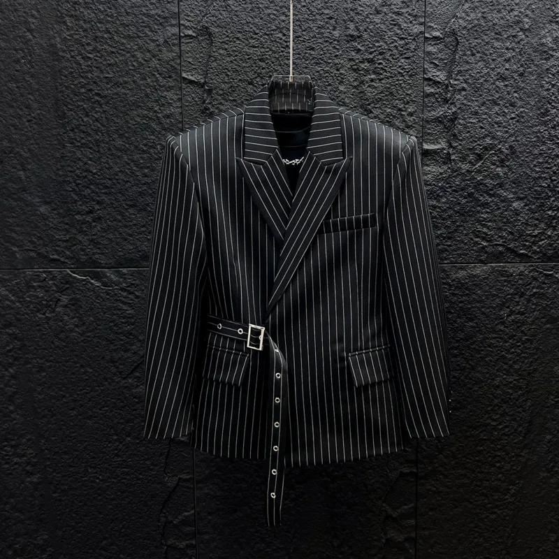 WVGA Autumn New Men's High-end Striped Padded Shoulder Stylish Casual Blazer Tie Waist Niche Chic Wide-leg Pants Sets Ins W28620