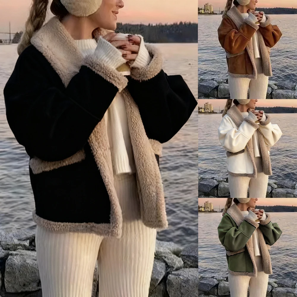 Long Sleeve Winter Fleece Cardigan for Women Plush Warm Outerwear Coat Street Style Jacket for Outdoor Activities