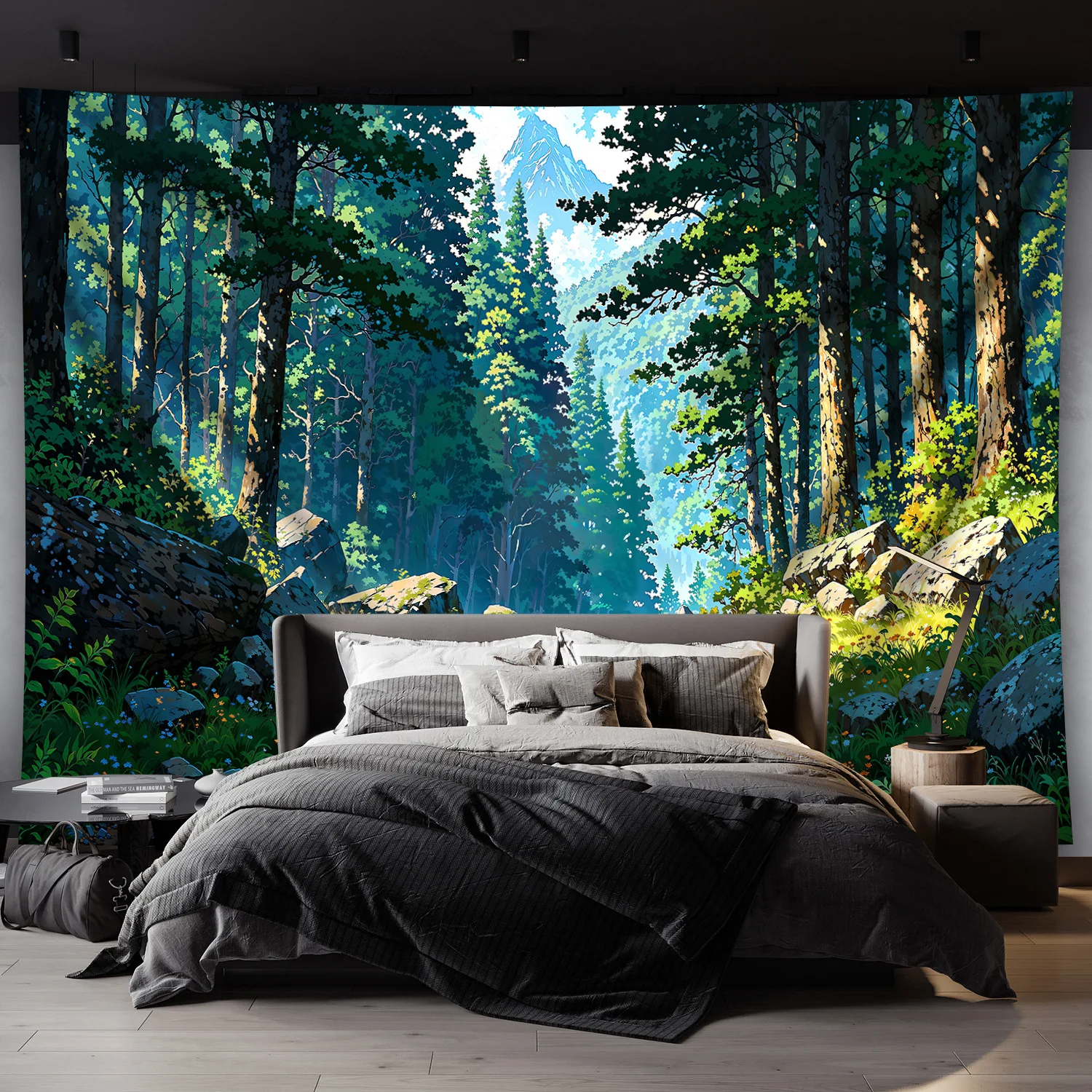 Tapisserie de paysage de forêt séène à grande échelle, Art mural en Polyester avec scène de montagne tranquille, idéale pour le salon, 1 pièce