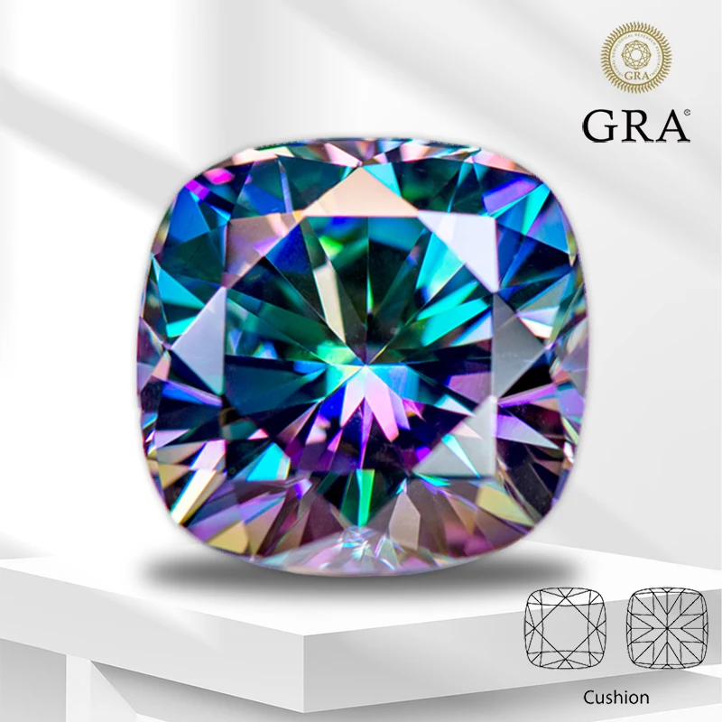 

Moissanite Gemstone Cushion Cut Rainbow Green Color Lab Grow Diamond for DIY Ring Necklace Earrings Making with GRA Certificate