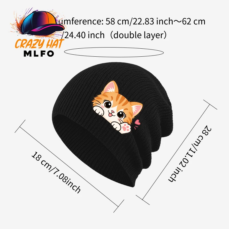 Charming Adult Slouchy Knit Beanie, Peeking Orange Kitten Cat Print, for Cat Lover Gift Pet‑themed Party Casual Daily Outing