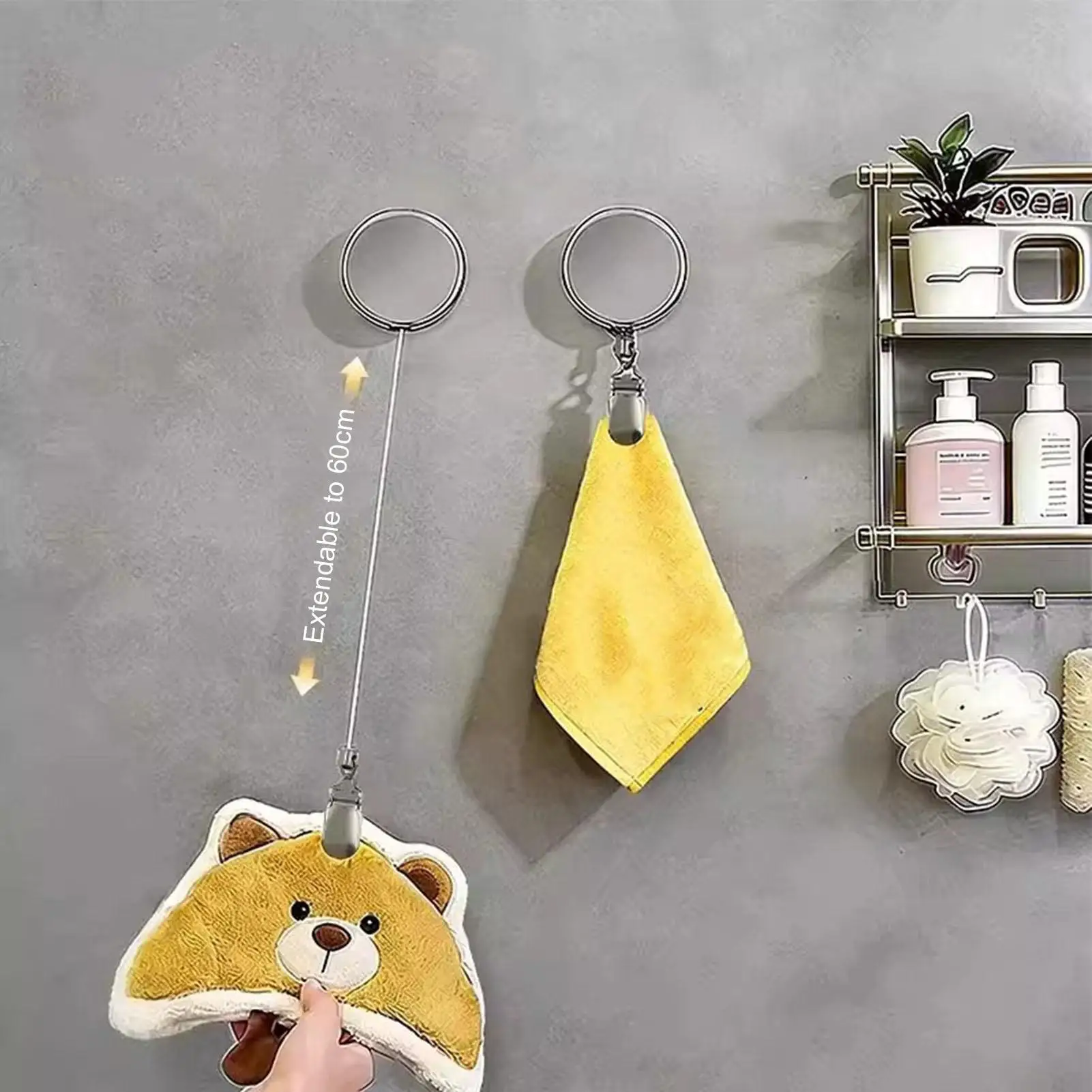 Retractable Towel Rack Self-Adhesive Wall Mounted Hand Towel Holder With Metal Cable Clamp For Bathroom Kitchen