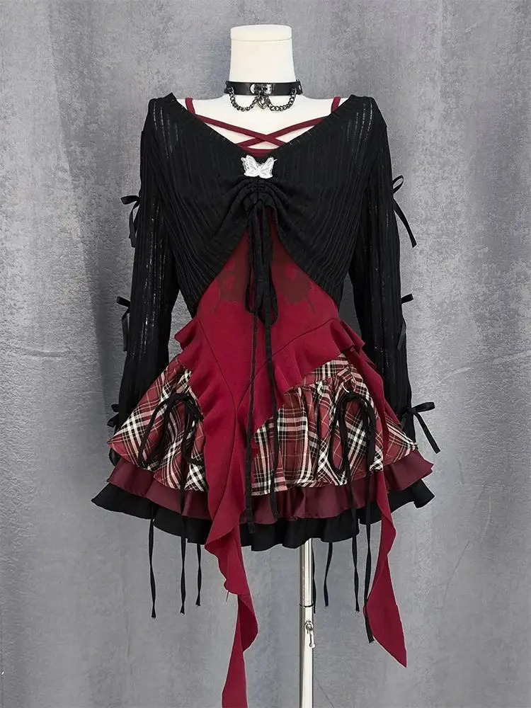 Set tre pezzi sottile gotico giapponese sottocultura estiva design punk grembiule irregolare Y2k bretella plaid gonna gonfia vestito 2025 nuovo