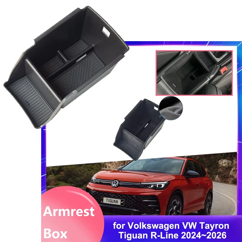 Car Storage Box for Volkswagen VW Tayron Tiguan R-Line 2024~2026 Rubber Mat ABS Center Console Organizer Armrest Tray Accessorie
