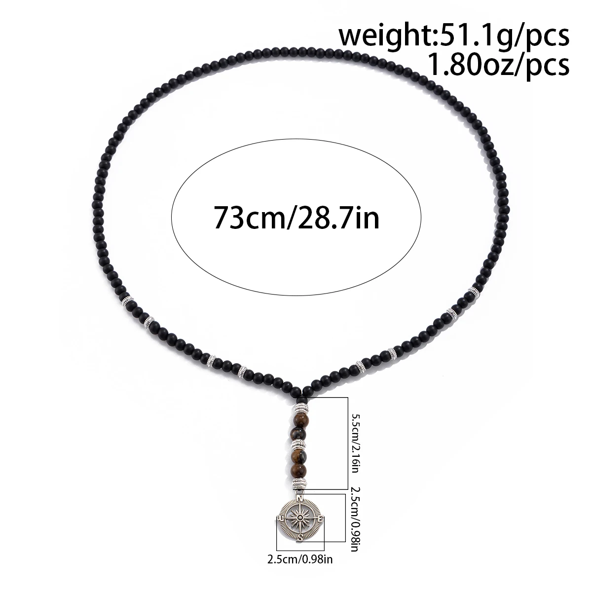 Vintage Black Beaded Chain Compass Long Pendant Necklace for Men Tiger Stone Beads Tassels Collar on the Neck Male Jewelry Gifts