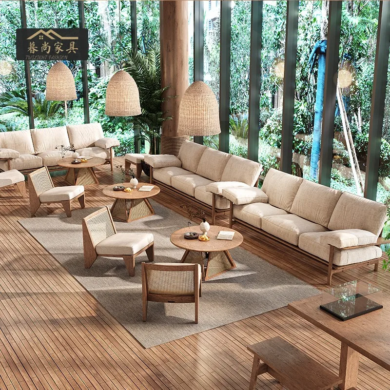 

Wabi-sabi Homestay hotel lobby reception solid wood rattan sofa home living room walnut color sofa furniture customization