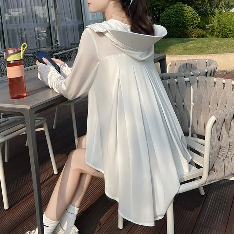 Sunscreen Shirt Long Sleeve Summer Women Casual Clothing Solid Coat UV Resistant Hooded Zipper Front Short And Back Long Pockets