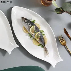 Creative Household Ceramic Fish Plate Tableware Fish Shape Simple White Steamed Fish Large Plate Hotel Kitchen Tableware Plate