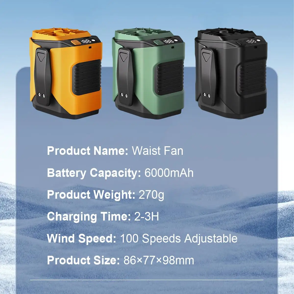 100-Speed Waist Fan with Flashlight Wearable Battery Fan Rechargeable Bladeless Ice Sensation Cooler High Speed Cooling Fan