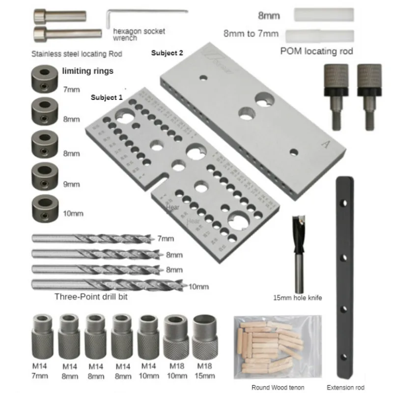 3‑in‑1 Adjustable Woodworking Doweling Jig Kit, Drilling Guide Tenon Punch Locator for Furniture Joint Connection Carpentry Tool