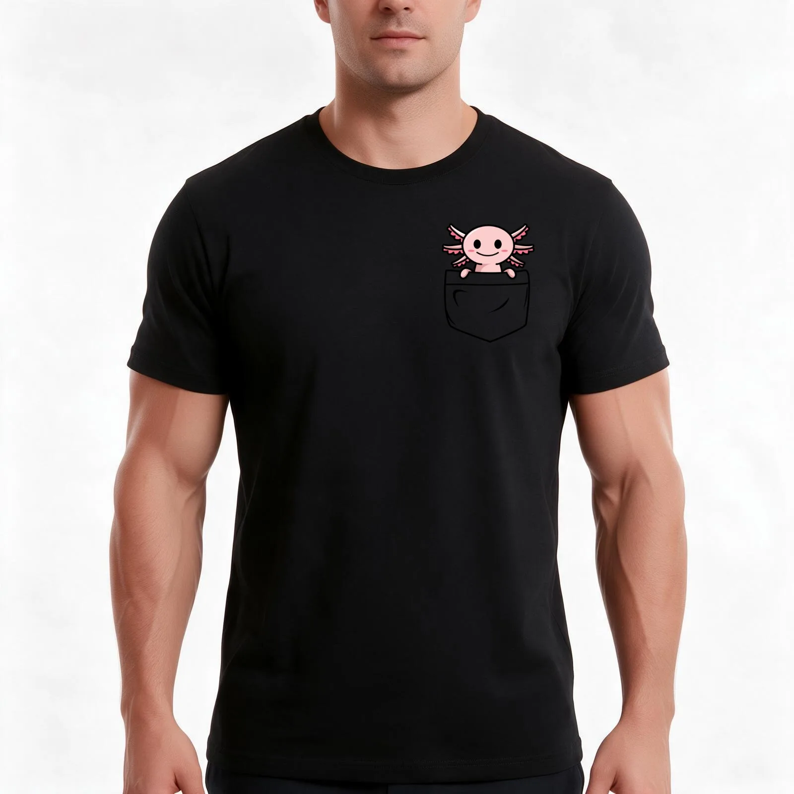 pocket axoltl T-Shirt, Summer Casual Cotton Tee, Oversized Streetwear Tops, Vintage Graphic Print, Loose Fit Short Sleeve
