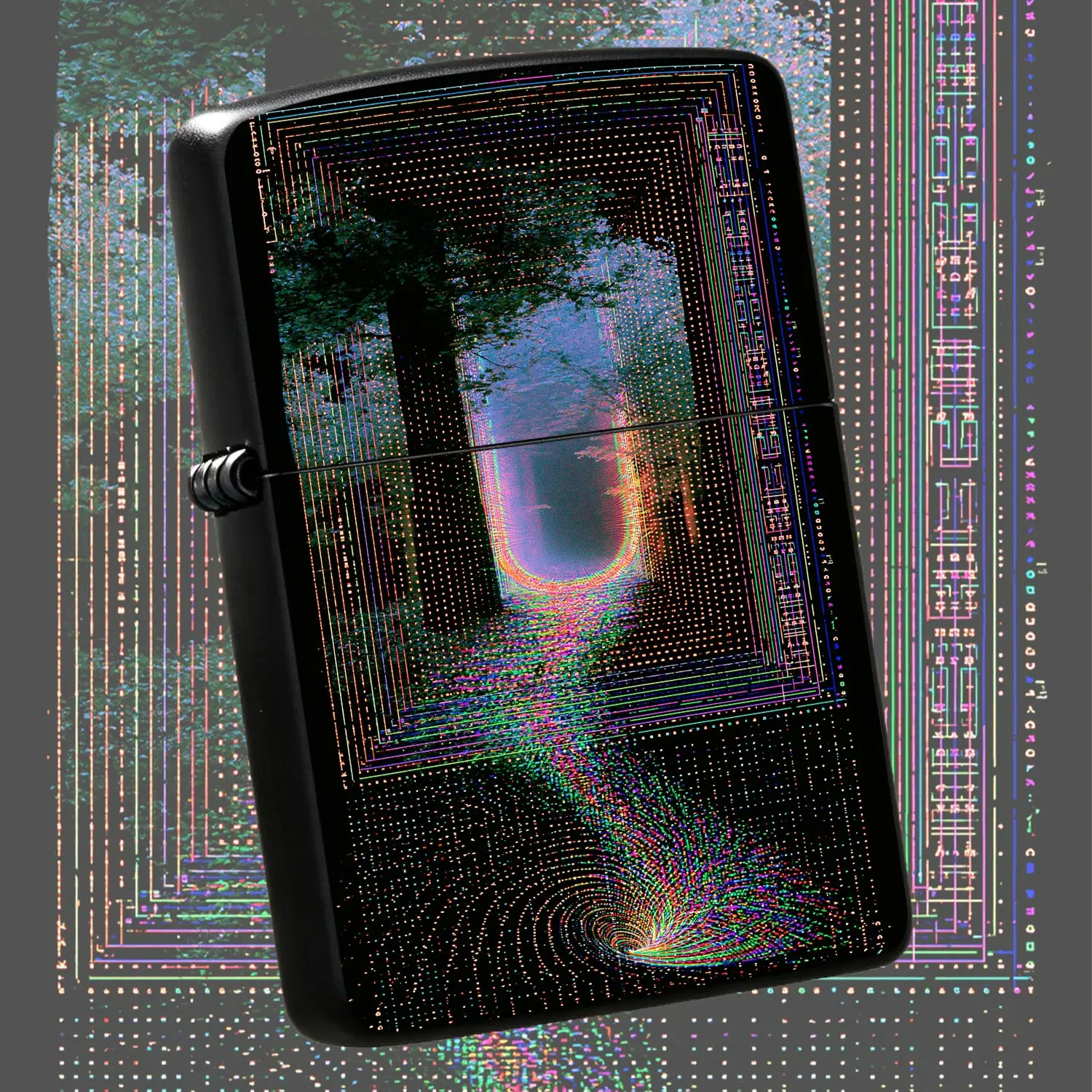 Vibrant Cyber Forest Tunnel Pattern Lighter, Aesthetic Glitch Art Style Portable Daily Use Ignition Accessory, Sleek Lightweight Pocket Tool For Outdoor Travel, Home Daily Use, Creative Unique Gift For Art Lovers And Fr A Humorous And Inter