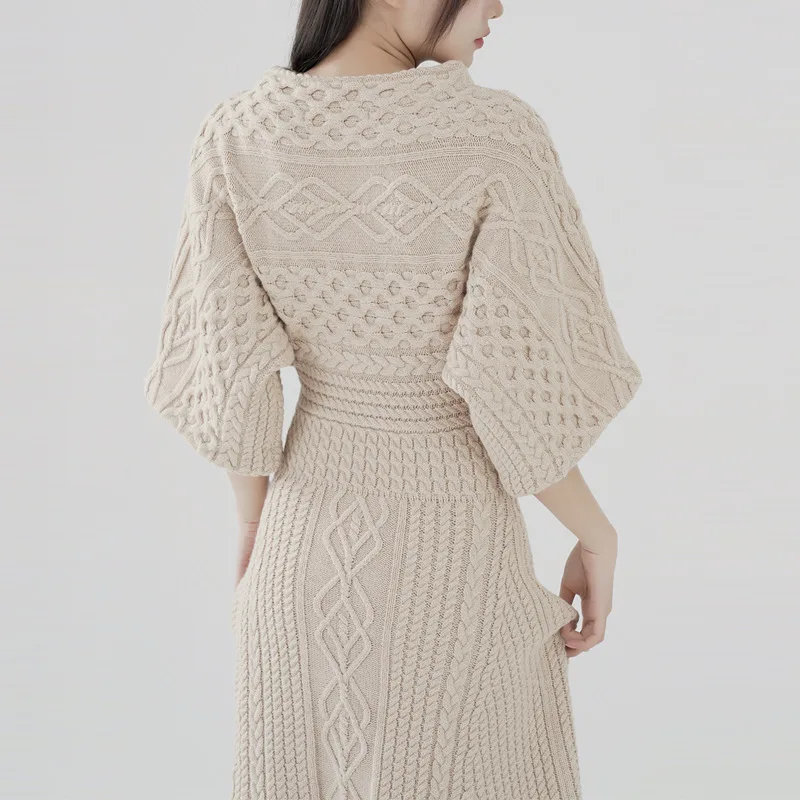 Robe longue tricotée à manches mi-longues pour femmes, élégante, mode Vintage française, Simple, polyvalente, taille fourreau, automne hiver