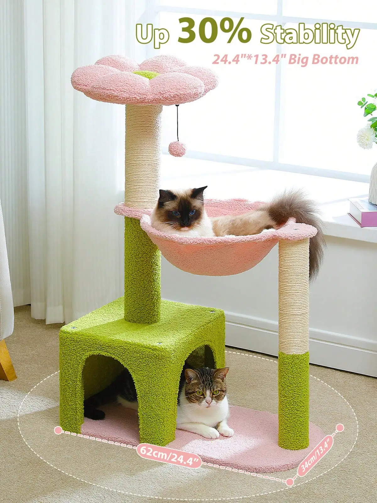 PAWZ Road 35" Flower Cat Tree With Large Metal Frame Hammock, Cute Cat Tower With Sisal Scratching Posts For Small Indoor Cats, Cat Condo With Pink Top Perch-Pink