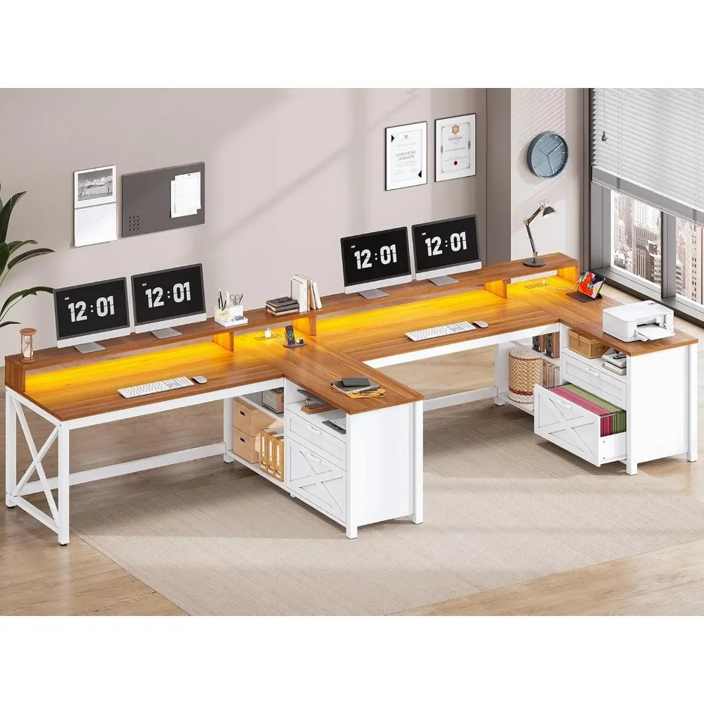 مكتب Farmhouse على شكل حرف L، مكتب مكتب منزلي مقاس 55 بوصة مع أدراج وأرفف تخزين، مكتب ألعاب على شكل حرف L مع أضواء LED،