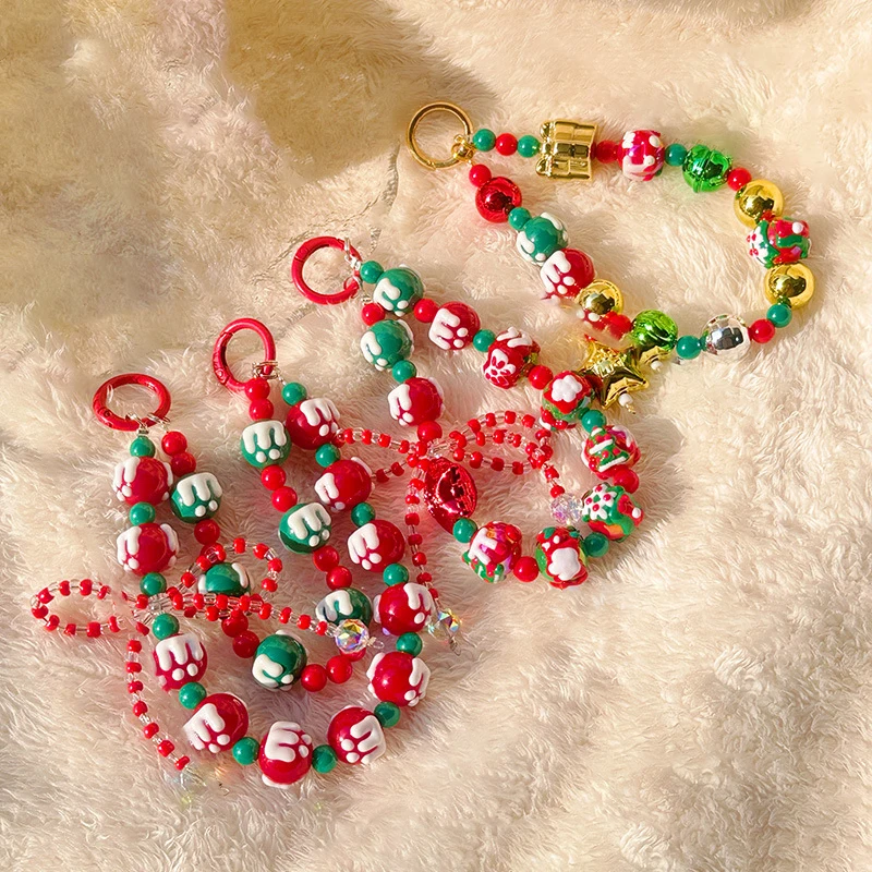 Cute Hand Drawn Beaded Christmas Phone Chain KeyChain Anti-lost Phone Wrist Strap Bag Pendant Decoration