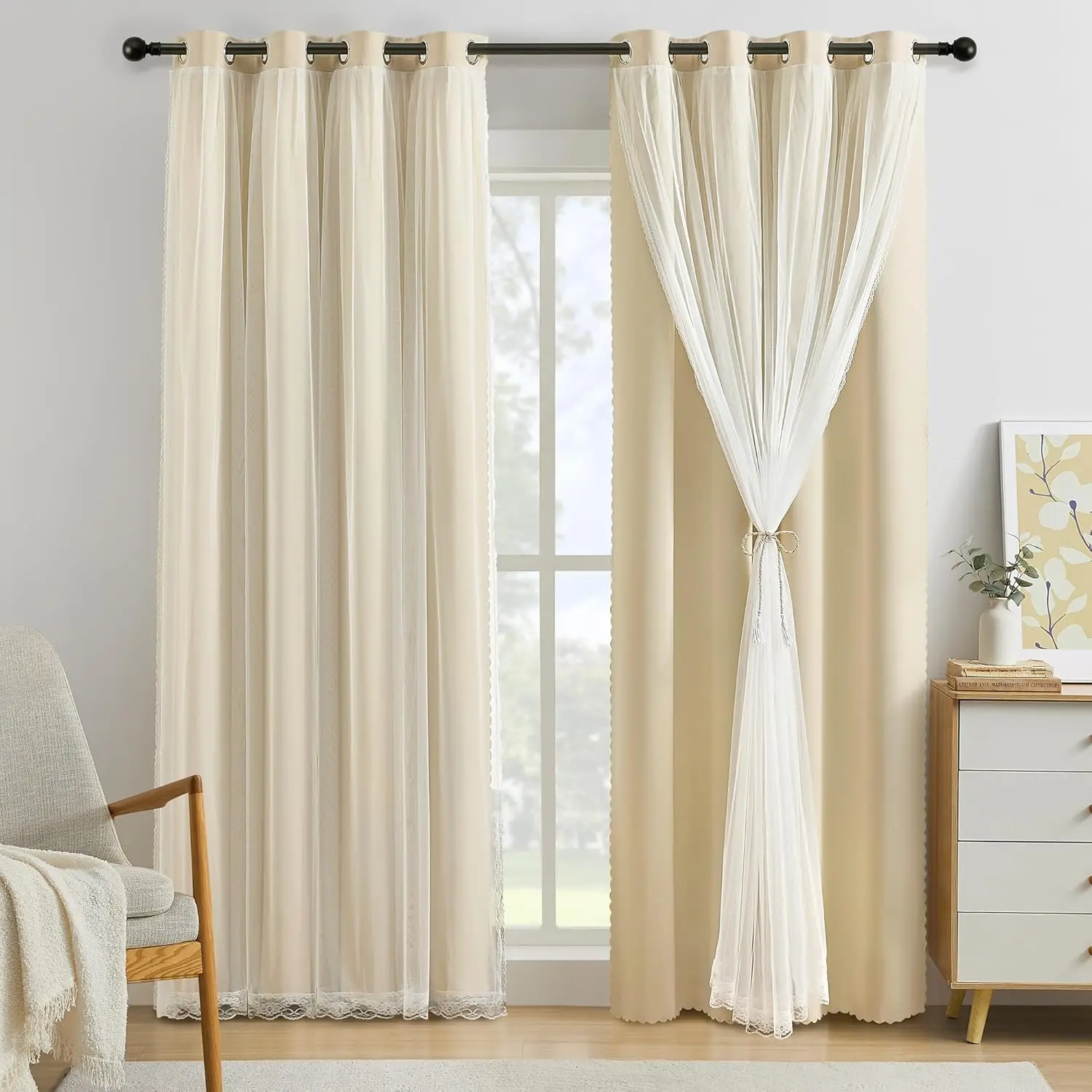 1PC Adorable Princess Style Girl Room Curtain, Dual-Layer Fabric Sheer, Modern Minimalist Light Luxury Blackout, Suitable for Li