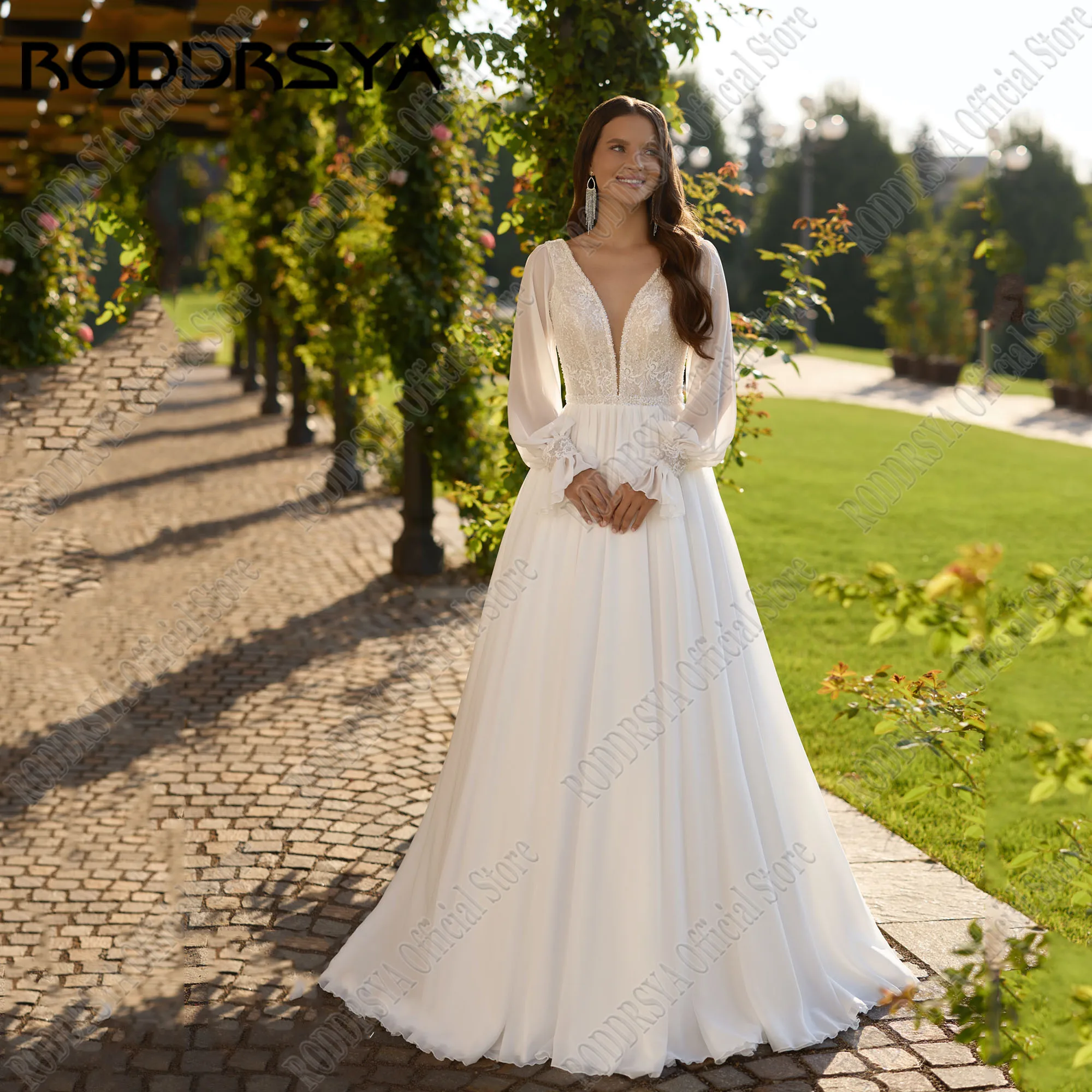 RODDRSYA-vestidos de novia de gasa con cuello en V, manga larga, vestidos de novia Civil, Espalda descubierta, línea A, tren de barrido personalizadoVestido de novia civil de manga larga vestido de novia civil de cuell