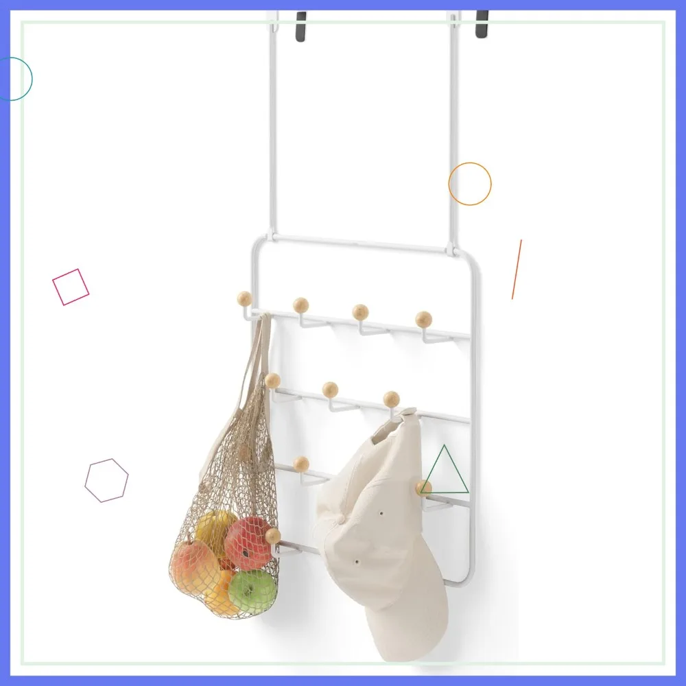 

Over The Door Coat Rack & Multi-Use Organizer for Coats, Bags, Hats in White/Natural - Space-Saving Storage Solution