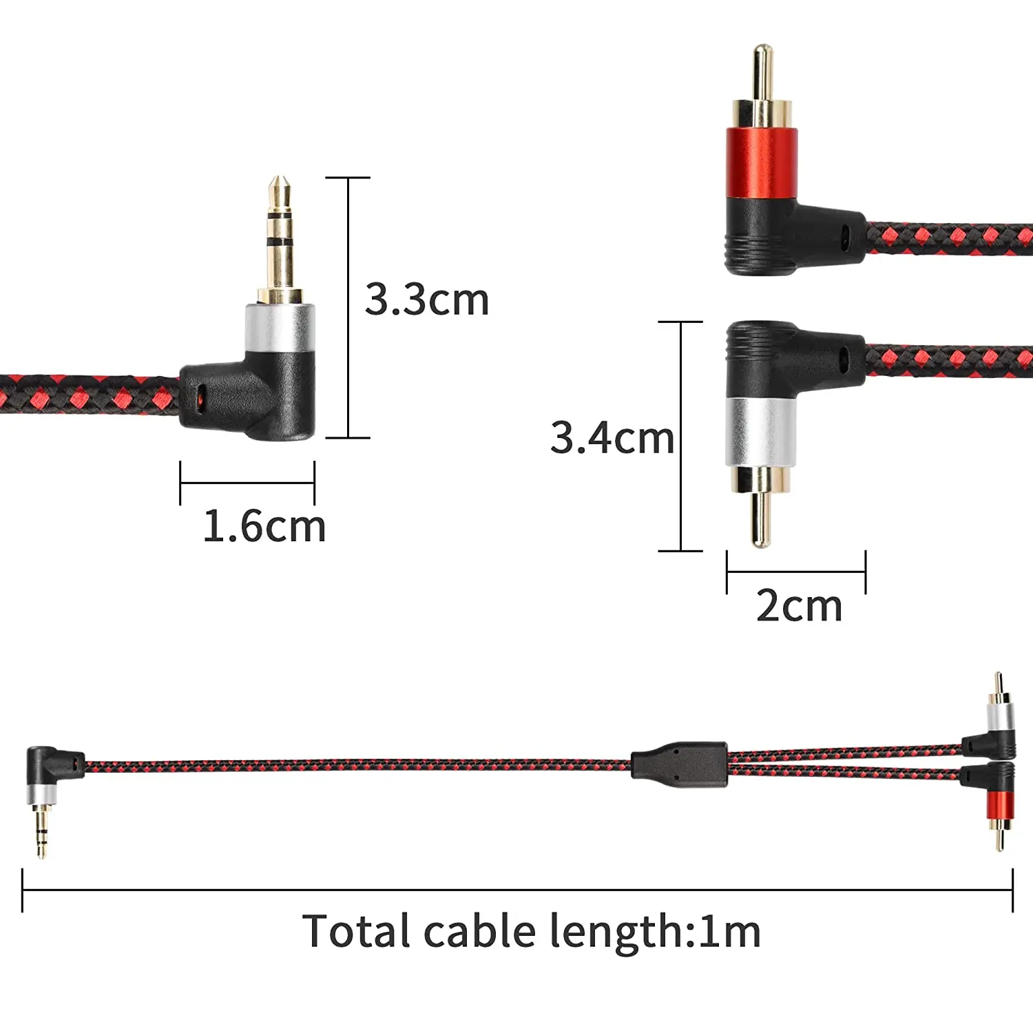 90 Degree Right Angle 1/8 Inch TRS Dual RCA Shielded Cable 2RCA To 3.5mm AUX Stereo Y Splitter Adapter for PC Phone MP3 Speaker