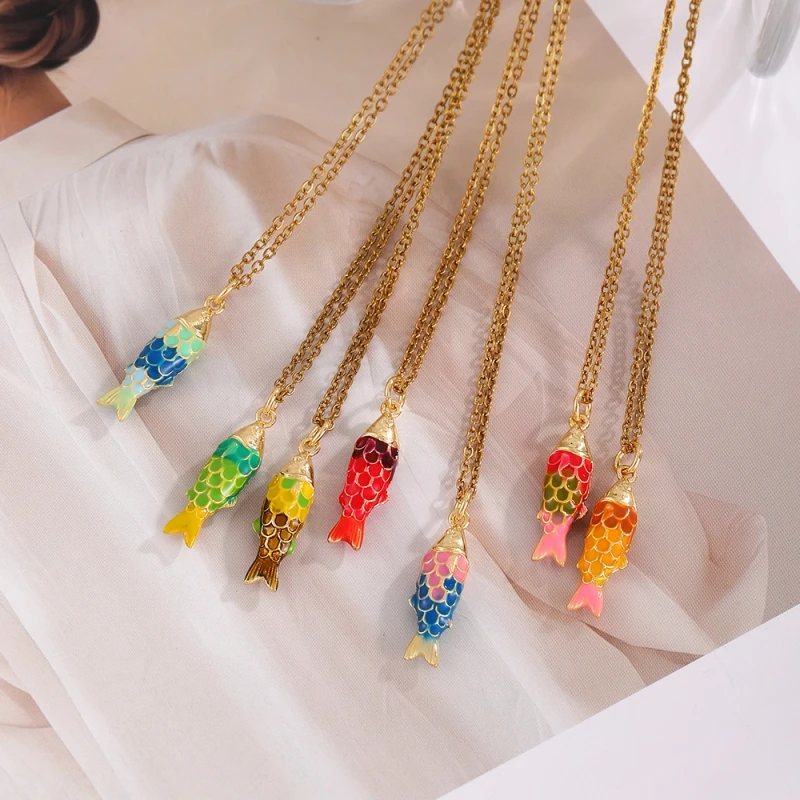 Titanium Steel Droplet Oil Color Collision Small Fish Necklace